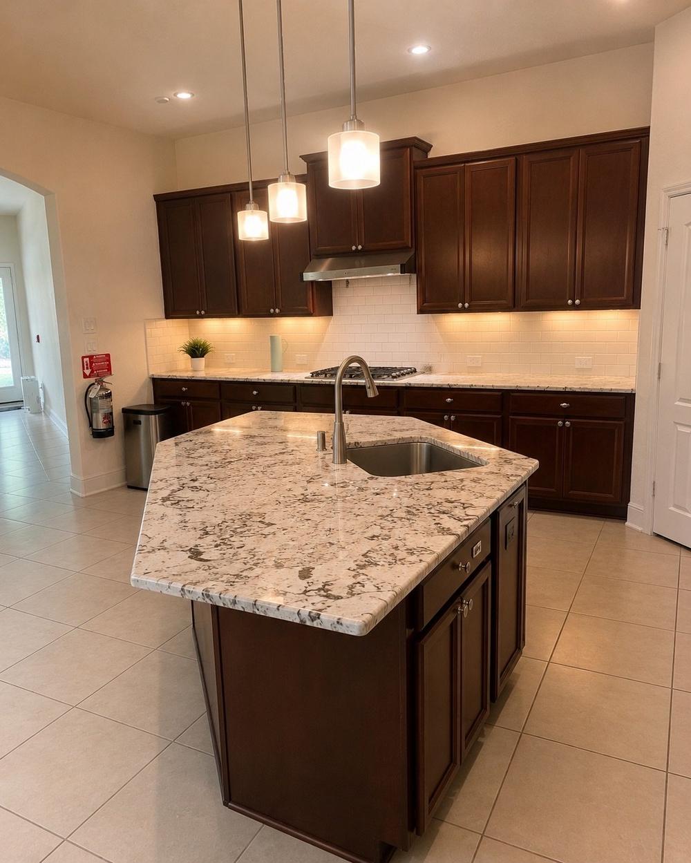 The kitchen, with a granite island where the day's meals are cooked