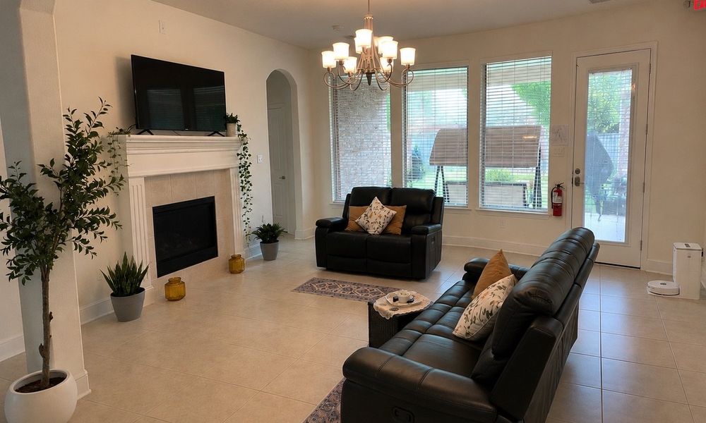 The living room, with a fireplace and armchairs facing the back garden