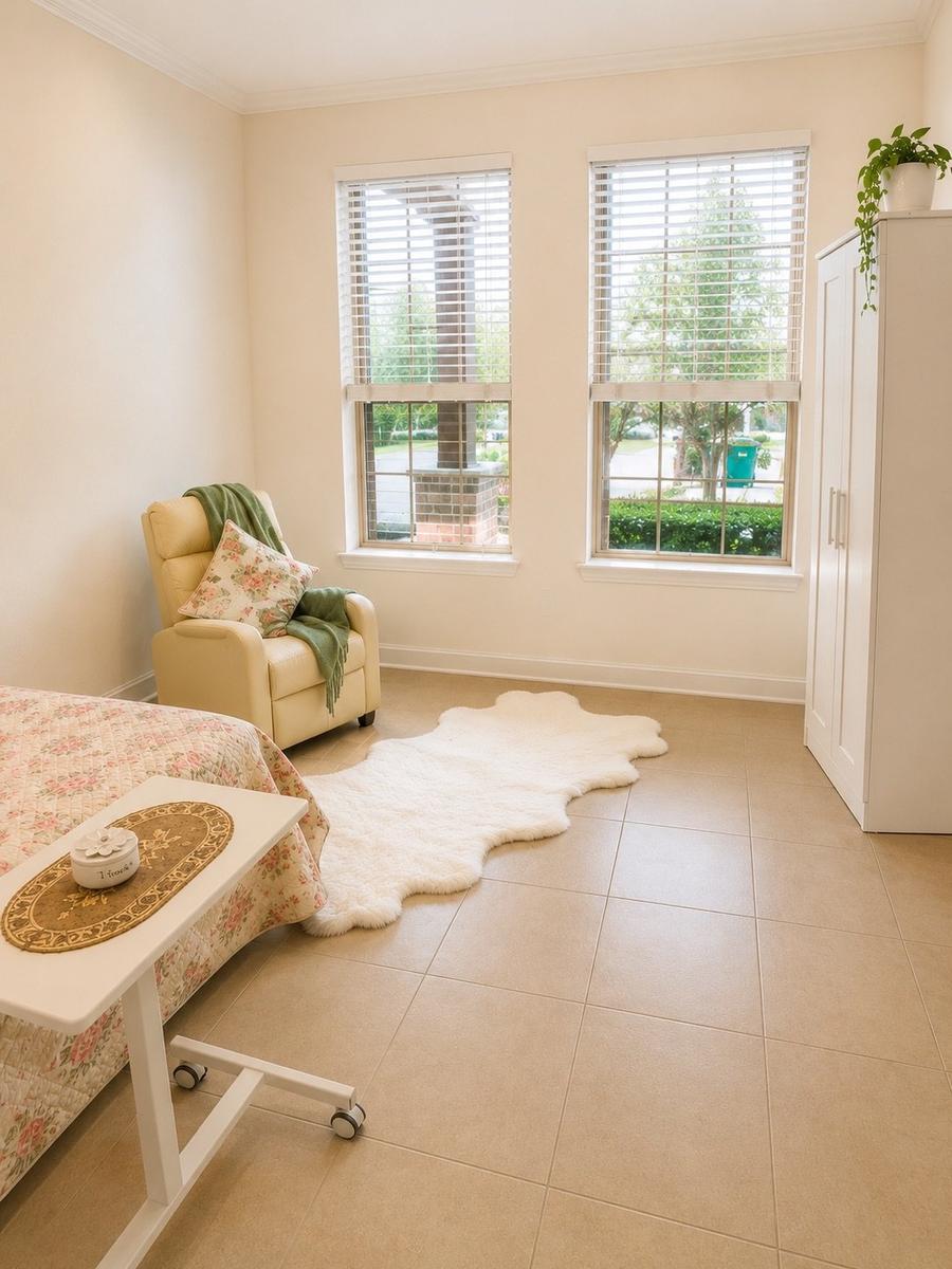 A resident bedroom with a recliner beside two bright windows